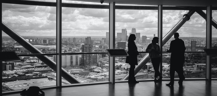 Boardroom overlooking city skyline